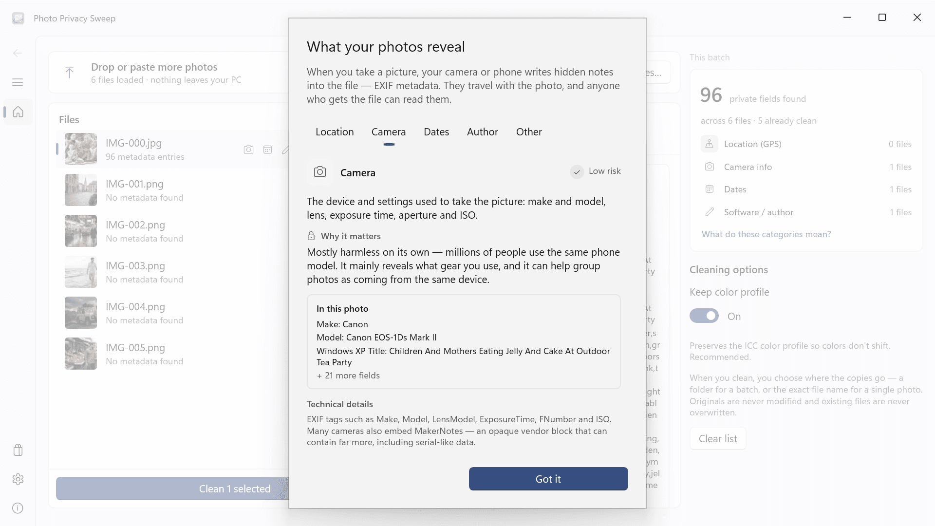 Photo Privacy Sweep explaining GPS risk with safe synthetic coordinates in its What your photos reveal dialog